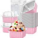 40 Pack 5 OZ Mini Cake Pans with Lids, Disposable Square Aluminum Foil Brownie Baking Cups, Mini Aluminum Foil Cupcake Muffin Tin Ramekins, Flan Molds Cake Containers for Wedding Birthday Party, Pink