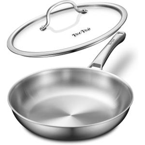 12 inch Tri-Ply Stainless Steel Frying Pan with LID,PFOA&PTFE Free Skillets,Chef's Pans,Dishwasher and Oven Safe Cookware, Works on Induction,Ceramic and Gas Cooktops