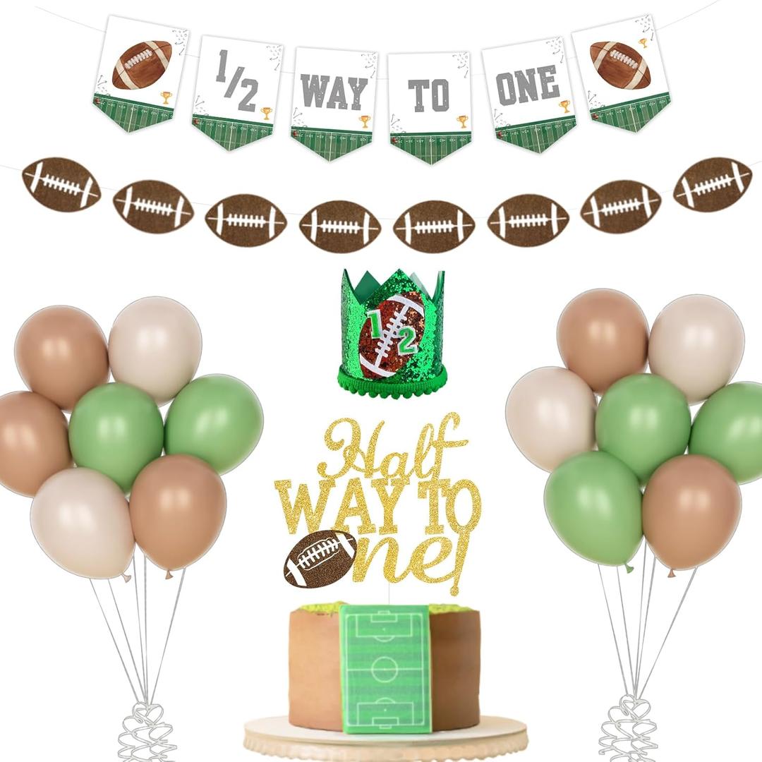 Costova Football Half Birthday Party Decorations, 6 Months Birthday Decorations for Boy, Touchdown Themed 1/2 Way to One Banner Cake Topper Hat Balloons for Sport Ball Party Supplies