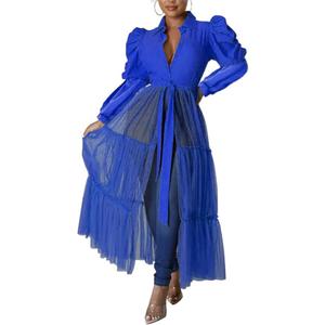 Ekaliy Womens Sexy Blouses Tunic Long Ruffle Sleeve Button Down Shirt Sheer Mesh Maxi Dress with Belt (XX-Large)