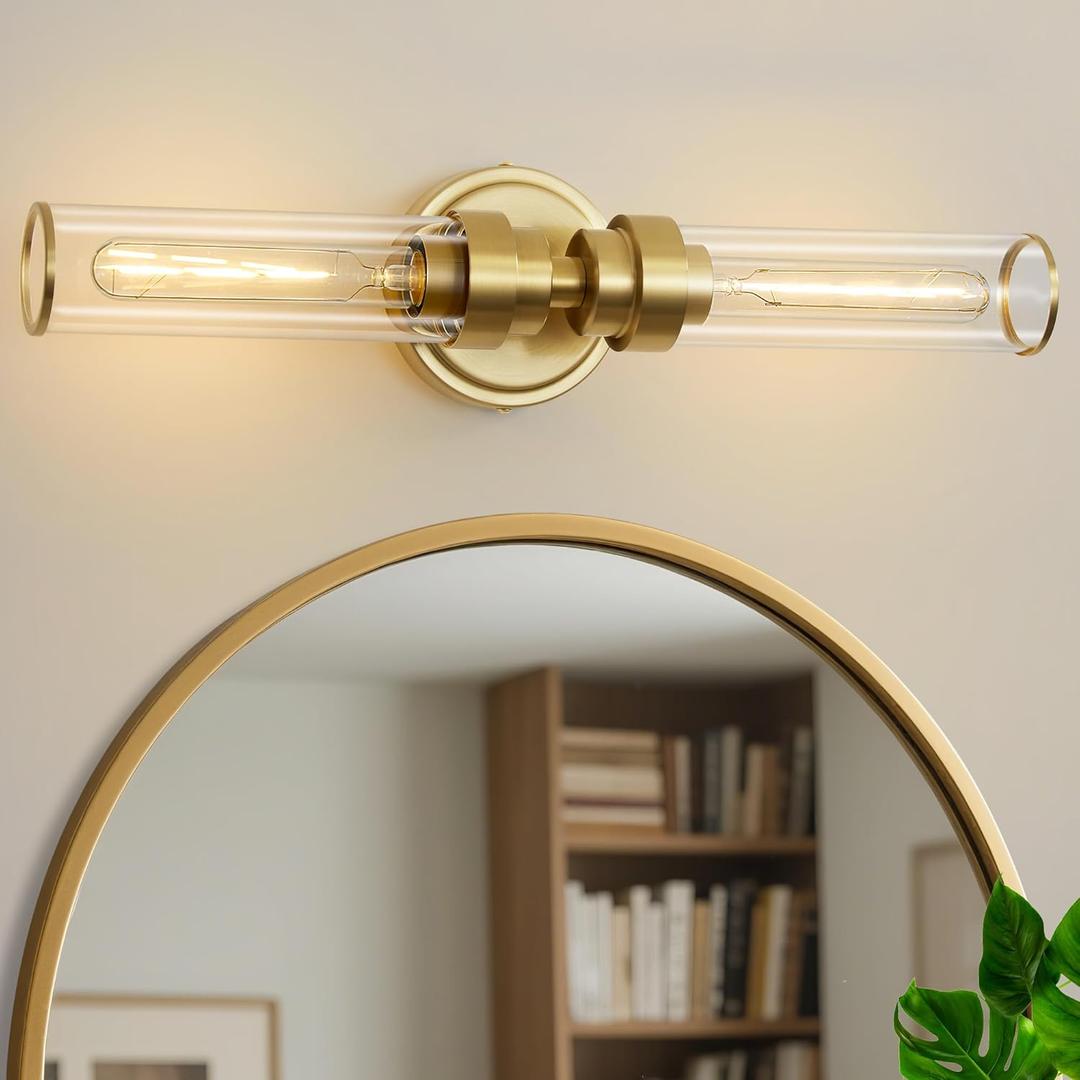 Bathroom Light Fixtures, Gold Wall Sconce in Clear Glass Vanity Lights, Modern Bathroom Vanity Light Up and Down Sconces Wall Lighting for Living Room, Hallway, Bedroom - Bulb Not Included