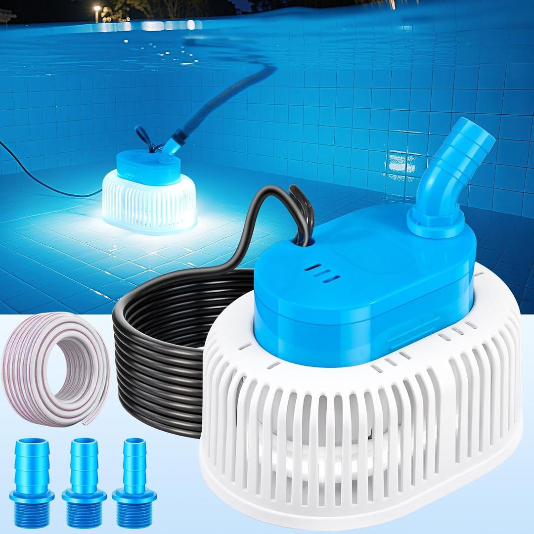 Pool Cover Pump with Lights, Above Ground Sump Pump Submersible, Sump Pumps for Pool Draining, Water Removal Pumps with 16ft Drainage Hose & 25 ft Extra Long Power Cord,850 GPH,4 Adapters-Light Blue