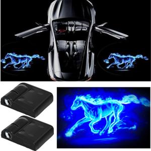 2Pcs 3D Car Door Step LED Welcome Logo Shadow Ghost Light Projector Lamps, No Drill Automotive Step lights Door Courtesy Lights Fits All Vehicle Models (Blue Horse)