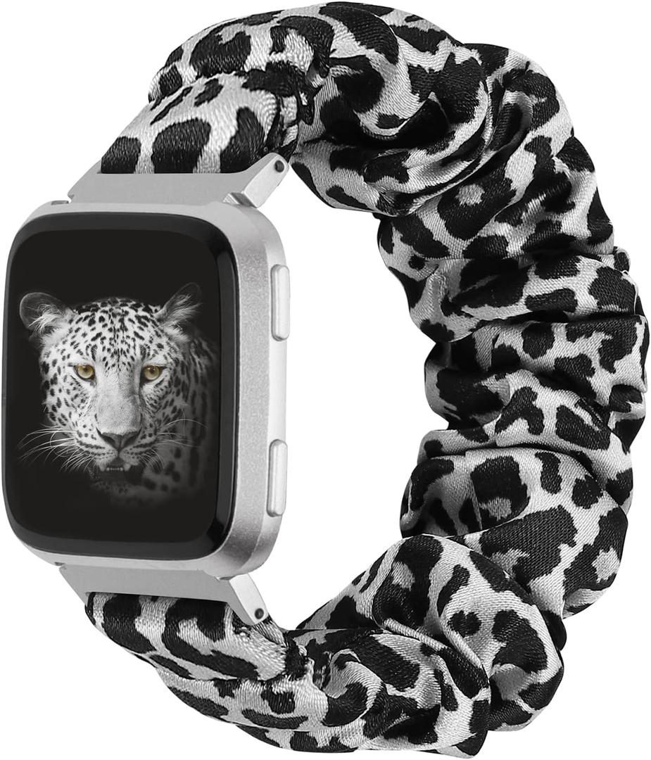 TOYOUTHS Scrunchie Bands Compatible with Fitbit Versa 2/Versa Lite Edition/Versa Watch Band Women Girl Elastic Stretch Fabric Cloth Strap Cute Pattern Bracelet Wristband (Black Leopard, Large) (Large (Fit 5.9"-7.1" Wrist))
