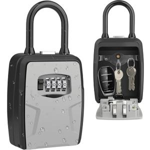 Key Lock Box Outdoor with Code, Large Key Lockbox for Keys Outside Portable Lock box for Keys, 4 Digit Combination Key Safe Storage, Waterproof Keybox for Outdoor Home Garage Office(Grey) (Door handle hung + Wall mounted)