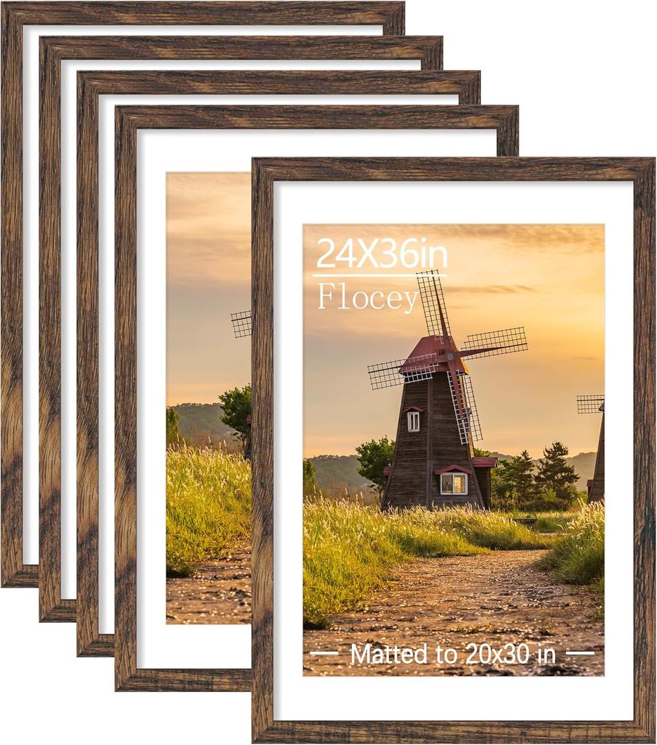 24x36 Picture Frame Set of 5, Rustic Brown Poster Frame, Display Pictures 20 x 30 with Mat or 24 x 36 Without Mat for Horizontal or Vertical Wall Mounting, Wall Gallery Frame for Artwork, 24x36-5PACK