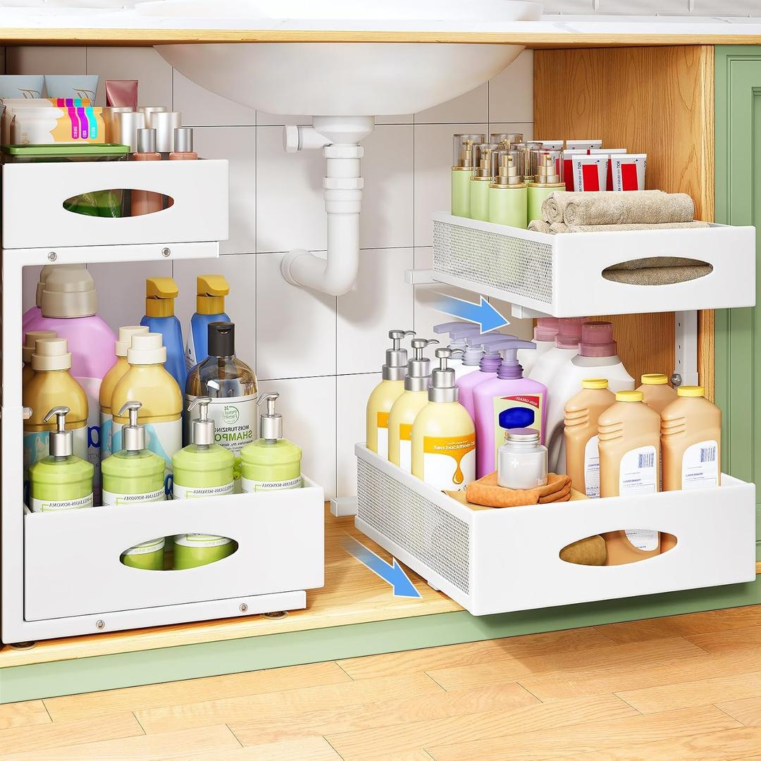 Under Sink Organizer, 2-Pack Pull Out Cabinet Organizer 2 Tier Metal Slide Out Storage Shelf Rack, L-Shaped Adjustable Height,Mesh Sliding Drawer for Kitchen, Bathroom, Laundry, Pantry, White, XL