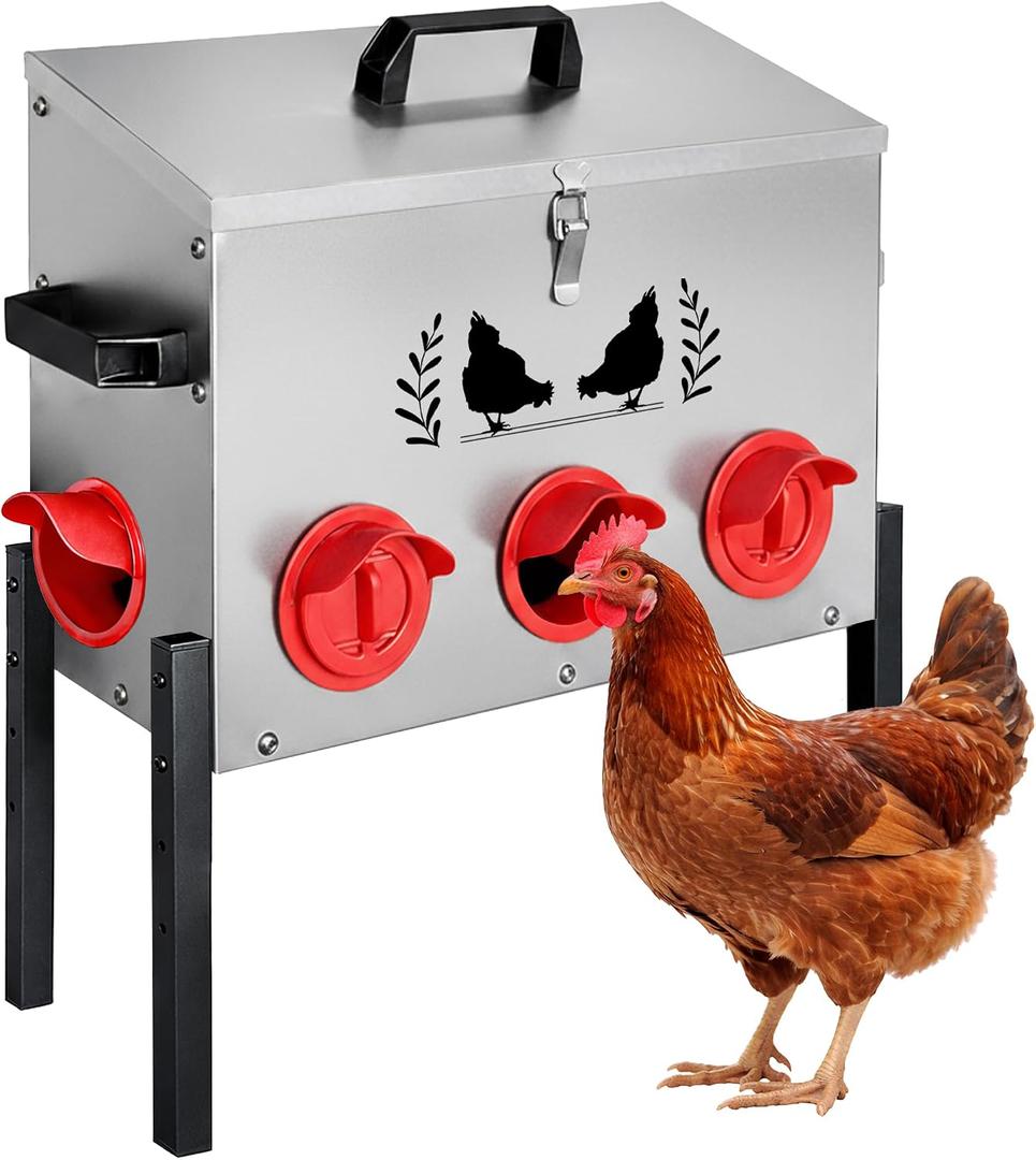 48 LB Large Automatic Chicken Feeder, No Waste Metal Poultry Feeder with 8 Ports, Weatherproof Outdoor Dispenser with Adjustable Legs & Locking Lid for Backyard Chickens, Silver