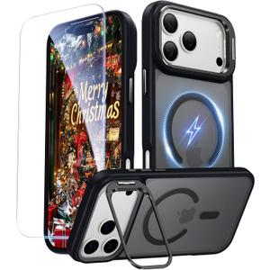 for iPhone 17 Pro Case with Stash Lens Stand and 9H Screen Protector, Compatible with MagSafe, Military-Grade Drop Protection Magnetic Phone Case for iPhone 17 Pro, 360 Full Protection, Black