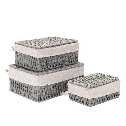 GIB Small Wicker Storage Baskets with Lids and Liner, Rectangular Paper Rope Woven Baskets for Organizing, Decorative Boxes Boho Decor for Shelves Table Desktop Makeup Organizer, Set of 3, Grey