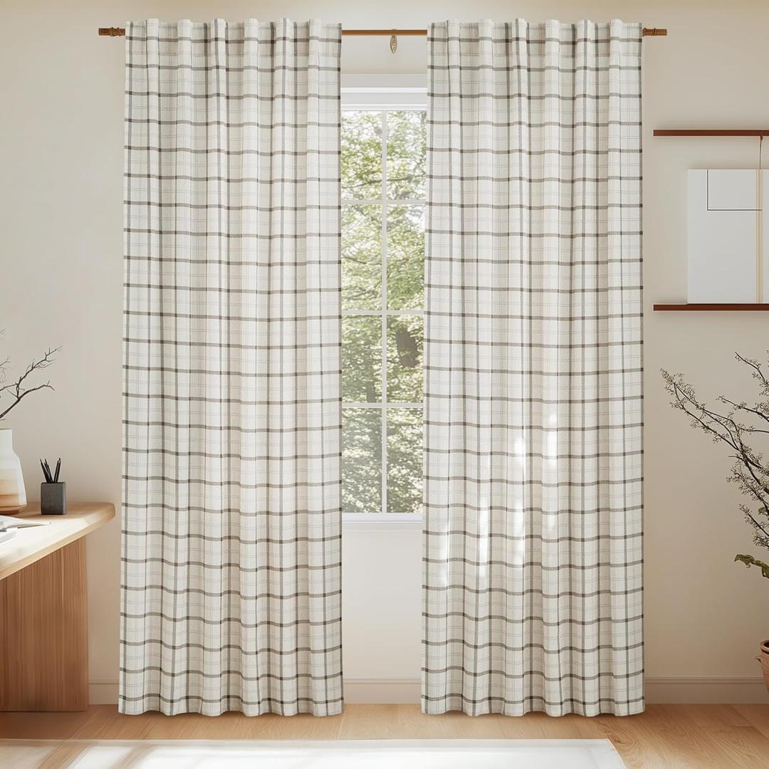 NICETOWN Plaid Window Curtain, Linen Sheer Curtains 84 inches Long for Living Room and Bedroom Drape with Rod Pocket Back Tab, Farmhouse Shade, 52" x 84", White, 1 Pair (Grid Pattern | White)