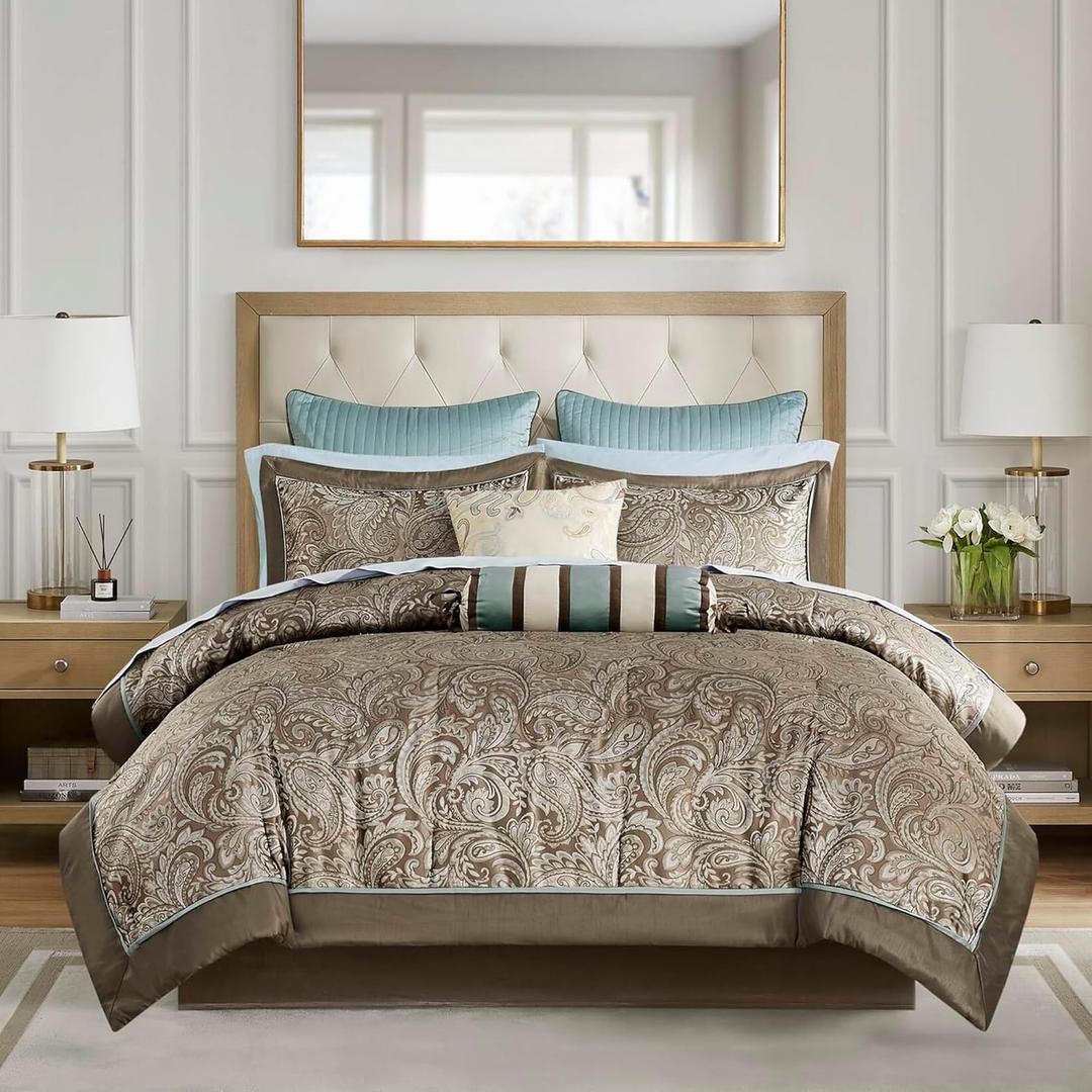 Madison Park Aubrey Cozy Comforter Set, Faux Silk Jacquard Paisley Design - All Season Down Alternative Bedding with Cotton Bed Sheets, Bed Skirt & Toss Pillows, King Blue 12 Piece
