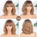 MISSQUEEN Short Blonde Wig with Bangs Synthetic Curly Wavy Ombre Blonde Wigs for Women Bob Wavy Wig Daily Use