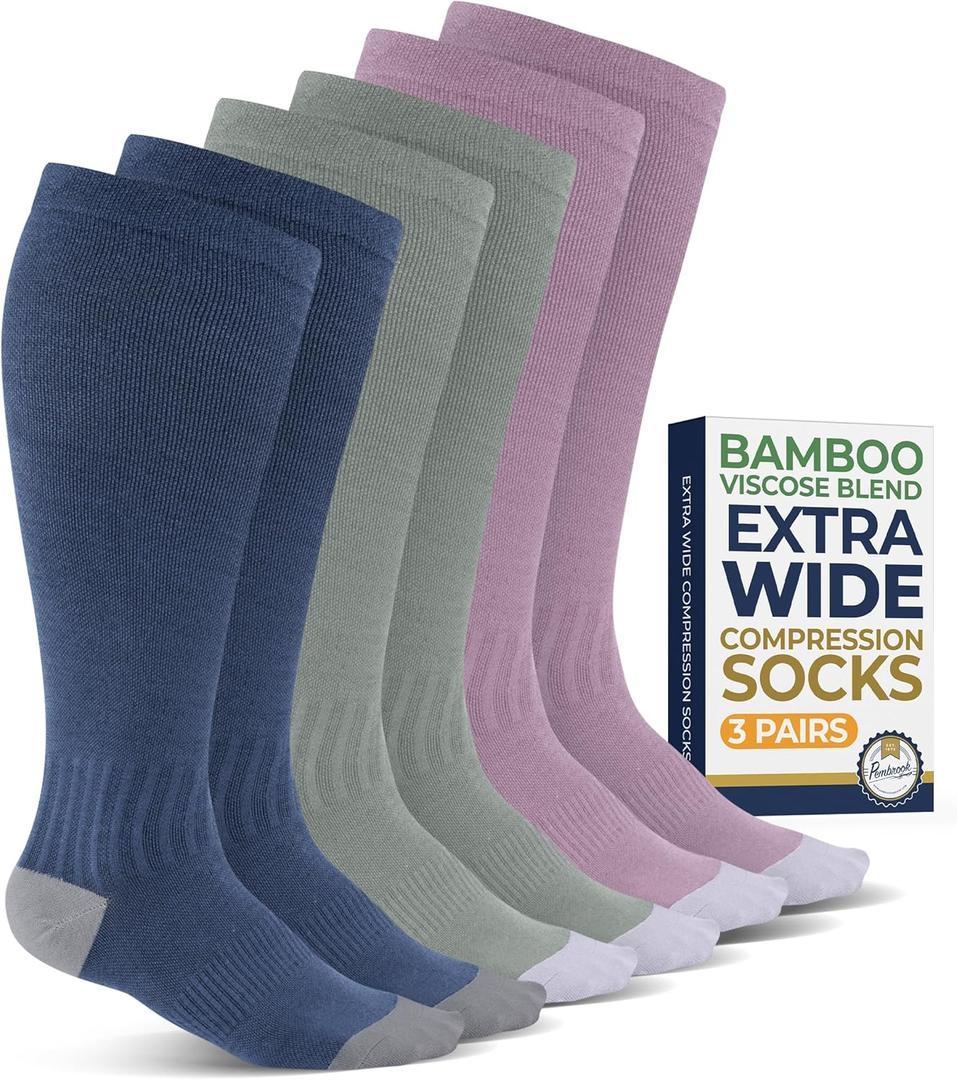 Pembrook 3 Pairs Plus Size Compression Socks Wide Calf - Bamboo Viscose Compression Socks for Women Wide Calf (XX-Large, Light Green/Light Blue/Rose - 3 Pairs)