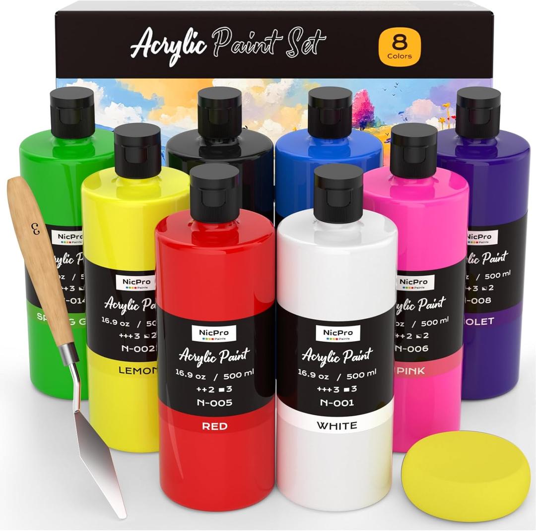 Nicpro 8 Colors Large Bulk Acrylic Paint Set(16.9 oz, 500 ml), Rich Pigments, Non Toxic Craft Paint for Multi Surface, Canvas, Wood, Leather, Ceramic, Fabric - Art Painting Supplies for Beginners, Artists & Adults