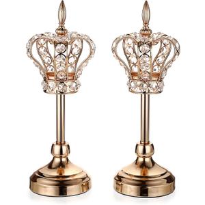 OwnMy 2PCS Crystal Crown Candlestick Holders Tea Light Holders Metal Tealight Candelabra, Gold Crystal Votive Candlesticks Set Elegant Candle Stick Holder Candle Centerpiece for Dining Table, 14" H (35CM)