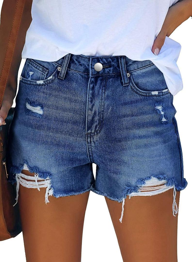 CHICZONE Womens Mid-High Waisted Jean Shorts Ripped Cutoff Denim Shorts Stretchy Summer Short Pants (Large, 0-navy)
