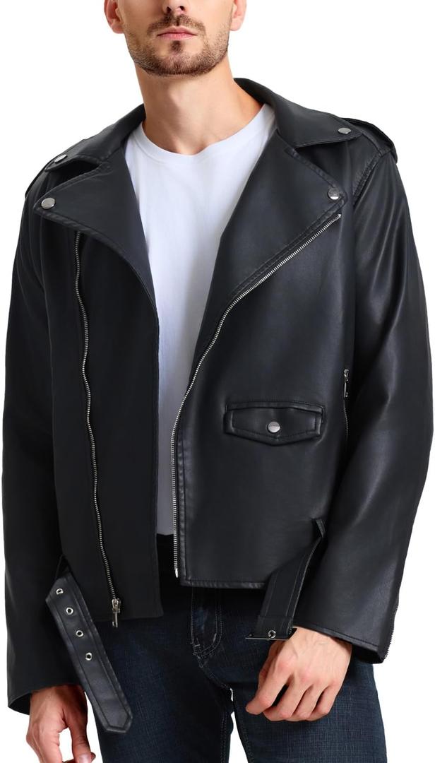 WULFUL Men's Leather Jackets, Faux Bomber Jacket for Men Motorcycle Lapel Asymmetric Zip-Up Slim Fit Biker Coat (Black)