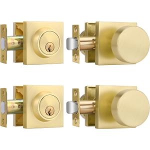 Haidms Gold Door Knobs with Deadbolt, Heavy Duty Gold Exterior Door Knobs, Zinc-Alloy Brushed Brass Front Door Knob and Deadbolt Set (2 Pack)