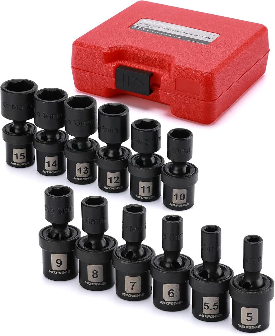 MIXPOWER 12 Pieces 1/4" Drive Metric Shallow Universal Impact Socket Set, CR-MO, Swivel Socket with Flexible Wobble, 5mm - 15mm