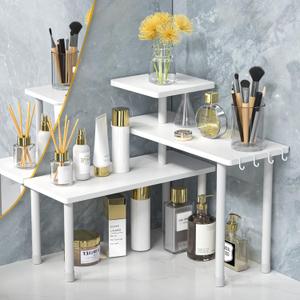 JayRex Bathroom Organizer Countertop Shelf, 3 Tier Corner Rack Adjustable Bamboo Organizer for Bathroom Counter, Make Up, Dresser Table, Desktop (White)