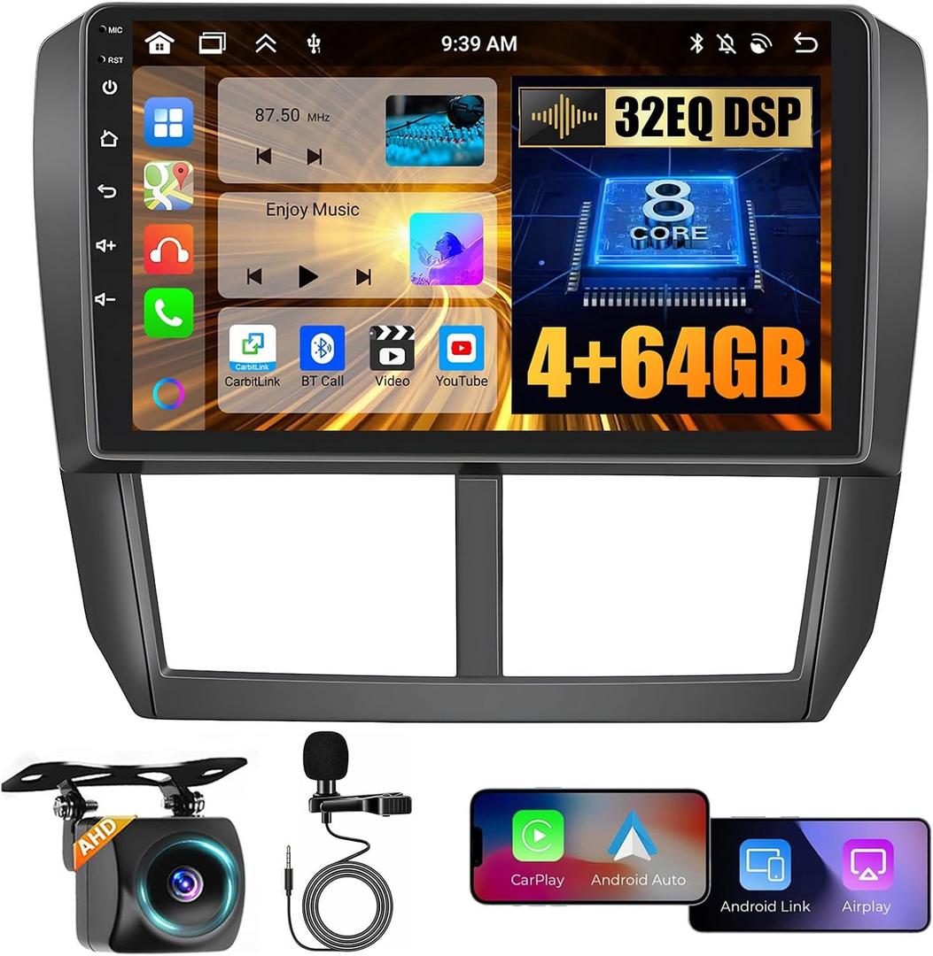 for Subaru Forester Impreza WRX 2008-2012 Android Car Stereo with Wireless Carplay, 8 Core 4+64GB 9 Inch IPS Touchscreen Car Radio 59UI GPS Navigation WiFi 32EQ DSP Backup Camrea