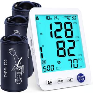 Upper Arm Electronic Blood Pressure Monitor 3 Size Cuffs(S,M/L,XL),Small 7-9",Medium/Large 9-17" and Extra Large Cuff 13-21" Adjustable Blood Pressure Cuff Large LCD Display with Battery & USB Cable
