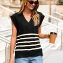 Glamaker Women Summer Striped Sweater Vest Sleeveless V Neck Knit Oversized Casual Cap Sleeve Spring Tops Trendy (L)