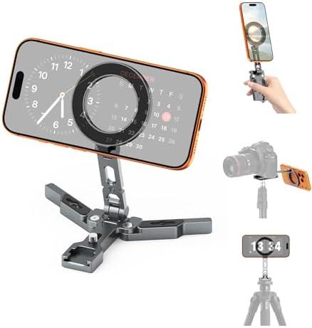 Magnetic Phone Tripod Mount Adapter for MagSafe, Aluminum Foldable Phone Holder with Arca-Swiss & 1/4" Screw Hole, Cold Shoe Mount for Camera, Pocket Mini Selfie Stick Tripod Mount for iPhone/Android