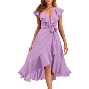 RETTYGARDEN Women's 2026 Spring Cross Midi Dress Casual Boho Deep V Neck Short Sleeve Ruffle Hem Split Beach Long Dresses (Medium, Purple)