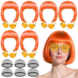 PLULON 6 Pack Orange Bob Wig with Heart Sunglasses and Hair Cap for Women, Colorful Cosplay Costume Neon Short Bob Wigs Funny Hairpieces Daily Bachelorette Halloween Costume Party Decorations