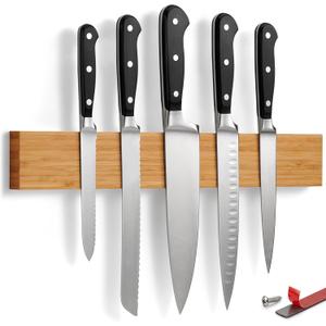 LARHN Magnetic Knife Holder for Wall or Fridge - No-Drill Bamboo Knife Magnetic Strip, 16 - Renter Friendly (40 cm / 16 (Self-adhesive + Fridge))