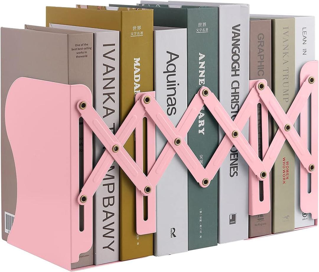 MSDADA Adjustable Bookends, Book Ends for Heavy Books, Expandable Book Organizer for Desk, Shelf, Office, School, for 6 7 8 9 10 11 12-15 Boys and Girls, Extends up to 19 inches (Pink)