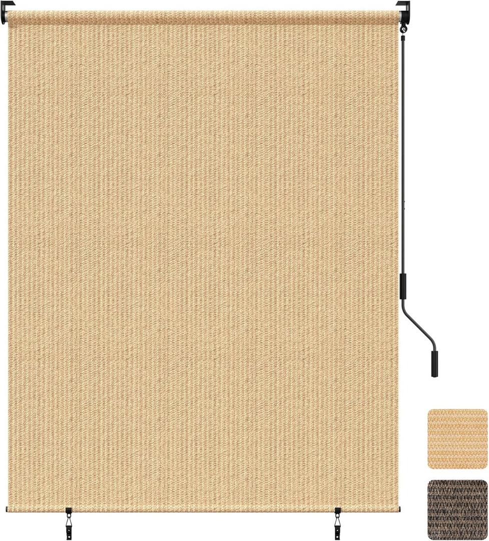 Grandekor Outdoor Roller Shade,8' W x 8' H,Patio Roll Up Shade Cordless,Outdoor Privacy Screen with 220GSM HDPE Aluminum,Wand Operation,Exterior Roller Shade Cloth for Porch Gazebo Backyard,Khaki