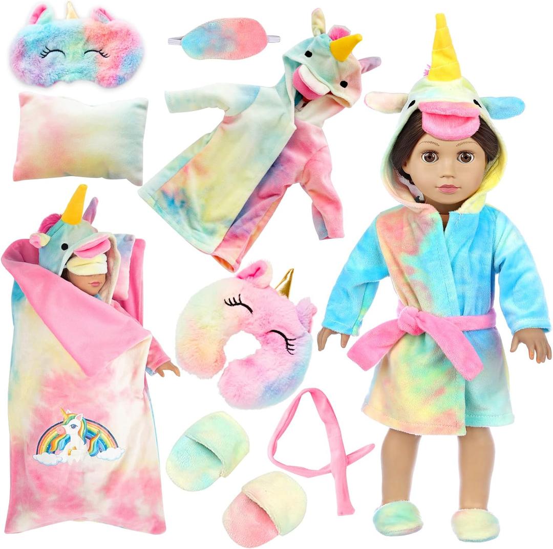 American 18 inch Doll Clothes and Sleeping Bag Set - Rainbow Unicorn Doll Costume with Unicorn Style Sleeping Bag, Pillow, Eye Mask Slumber Party Accessories Fits 18 Inch (NO Dolls)