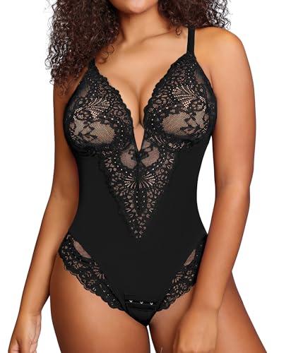 Popilush Bodysuits for Women Tummy Control Lace Corset Tops Large Bust Low Back Shapewear V Neck Thong Bodysuit, M