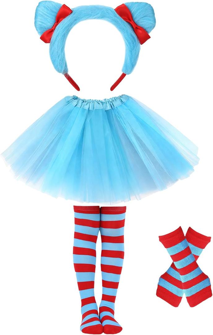 Tulle Tutu Costume for Kids - Tutu Skirt Headband Striped Gloves and Socks Set for Halloween Dress Up Party Cosplay (Large, Blue)