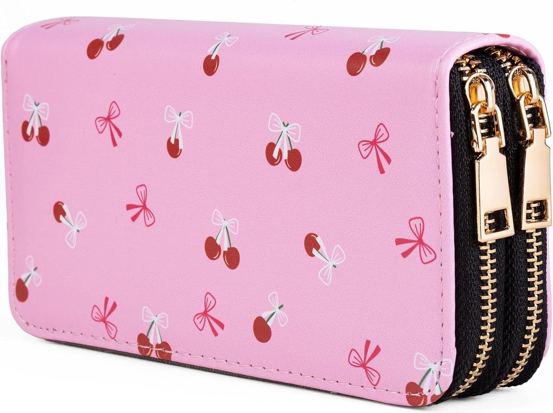 Cherry Wallets for Women Large Capacity 2 Zipper Fruit Ladies Purse Bow Credit Card Holder Pink