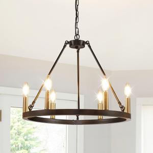 WJShome 20.7" Wagon Wheel Chandelier, Farmhouse Ceiling Light Fixture, 6-Light Black and Gold Chandeliers, Round Dining Room Light Fixtures, for Kitchen Island, Foyer, Entryway