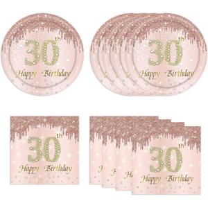 30th Rose Gold Birthday Plates and Napkins, 9 Inch Pink Rose Gold Disposable Dinner Dessert Plates Happy 30th Birthday Party Supplies Decorations for Girls Women
