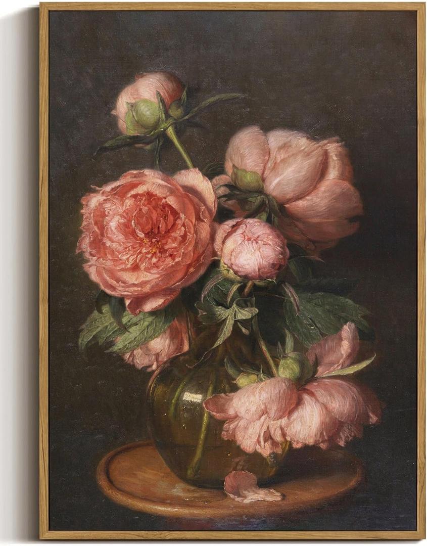 WALLZK Vintage Framed Wall Art Peony Wall Decor Pink Floral Canvas Prints Cottagecore Decor Rustic Farmhouse Pictures Artwork for Walls Living Room Bedroom Bathroom 16"x24", 16"x24" Natural