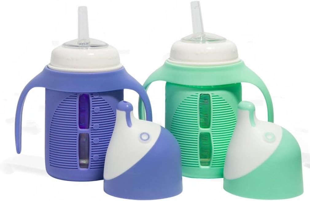 The Minis - Set of 2 - Glass Sippy Cup for Toddlers - 5oz | Spill-Proof | Silicone Straw | Mint Green & Indigo Purple | Liquids Never Touch Plastic