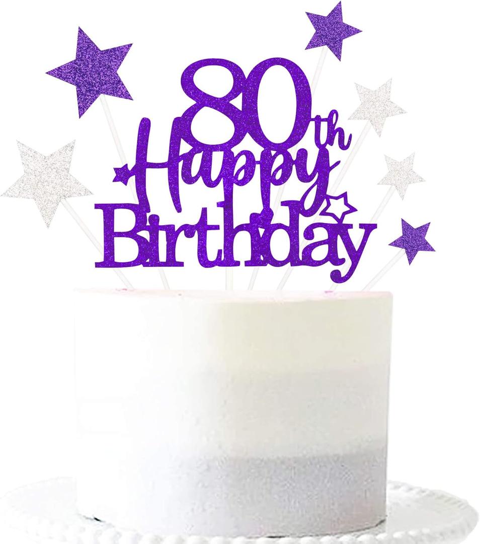 6 x Glittery 80th Happy Birthday Cake Topper with Star,Personalised 80 Birthday Cake Toppers Party Decorations Party Supplies for Men Women Purple Silver
