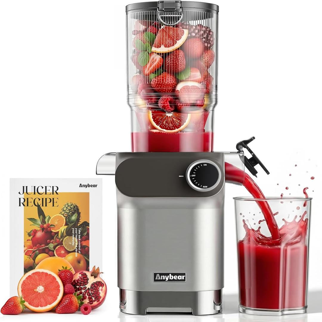 Anybear Cold Press Juicer, 200W Masticating Slow Juicer 4.3" Large Feed Chute Fit Whole Fruits Vegetables | Upgraded Auger | Tritan Material | BPA Free | Juice Recipes (Light Gray)