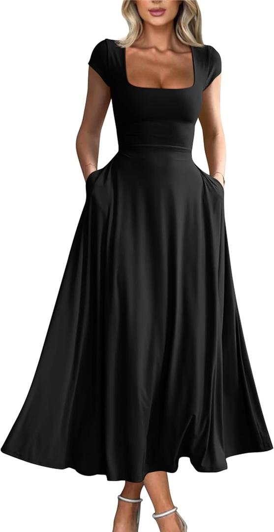 YMDUCH Women's Casual Short Sleeve Square Neck Solid Slim Flowy Maxi Dress with Pockets (Black, S)