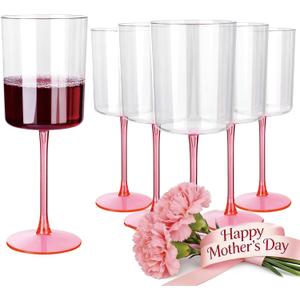 Ciaell 12 Pack 10 Oz Clear Plastic Wine Glasses with Pink Stem - Disposable Cocktail Goblets Perfect for Parties & Weddings & Poolside & Outdoors & Camping & Party & Mother's Day