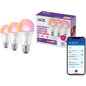 WiZ Connected Smart Light Bulbs, Sunset to Sunrise Automation + Motion Detection + Control with Voice or App, Full Color A19 60W 800LM Indoor, Matter Compatible -3 Pack