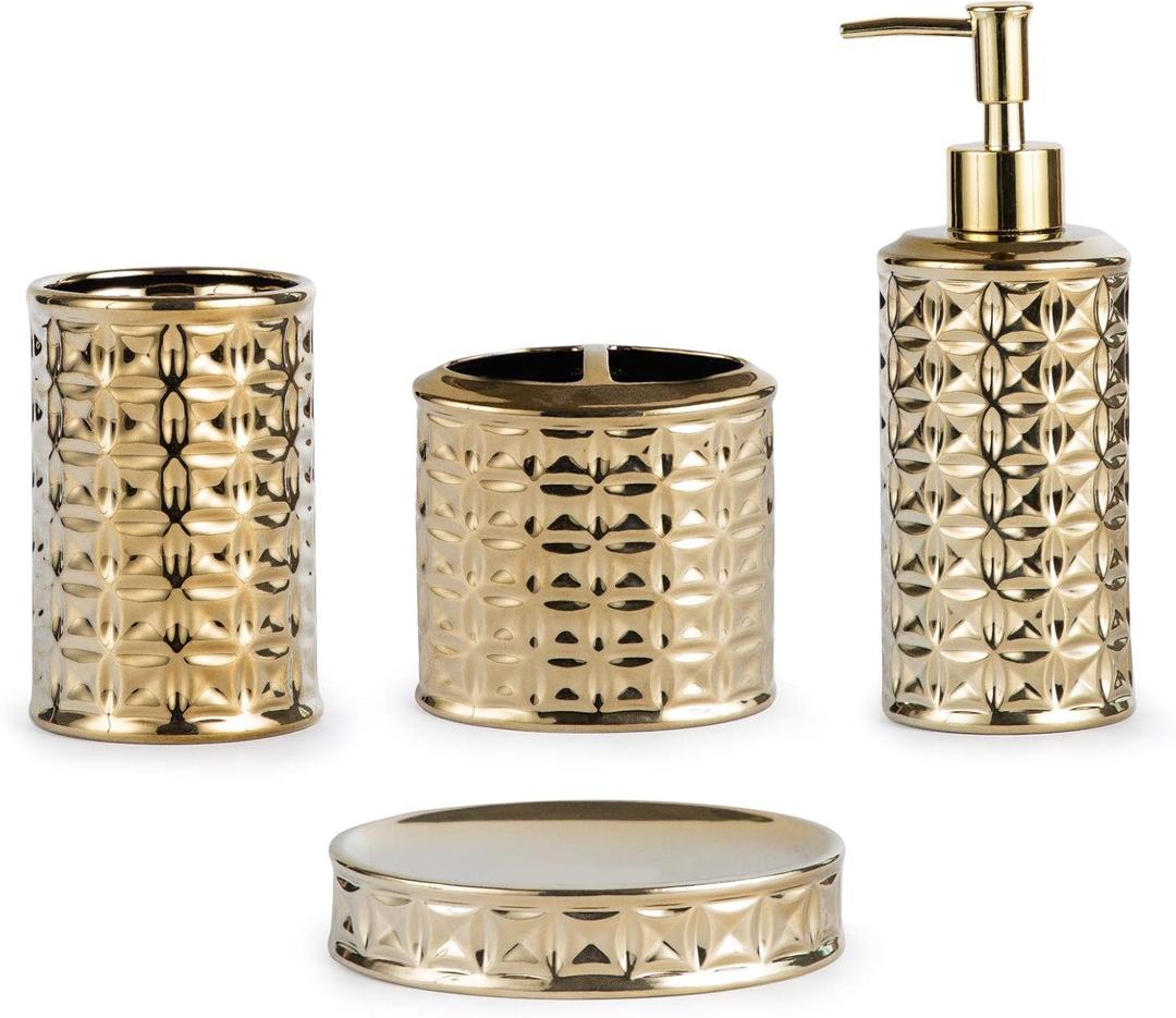 Gold Bathroom Accessory Set, 4-Piece Ceramic Bathroom Decorations Accessories Sets Includes Lotion Dispenser, Toothbrush Holder Tumbler and Soap Dish