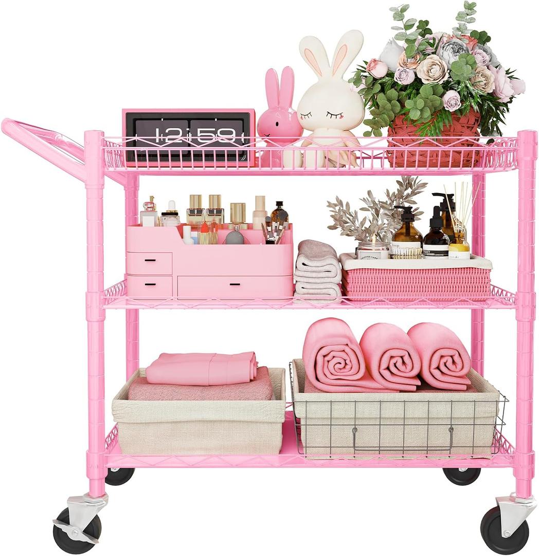 YNN Pink Rolling Cart, 990Lbs 3 Tier Heavy Duty Metal Cart with Wheels & Handle NSF Wheeled Cart 31" D x 18" W x 33" H for Bedroom, Bathroom, Kitchen,Garden,Decor,Serving, Large