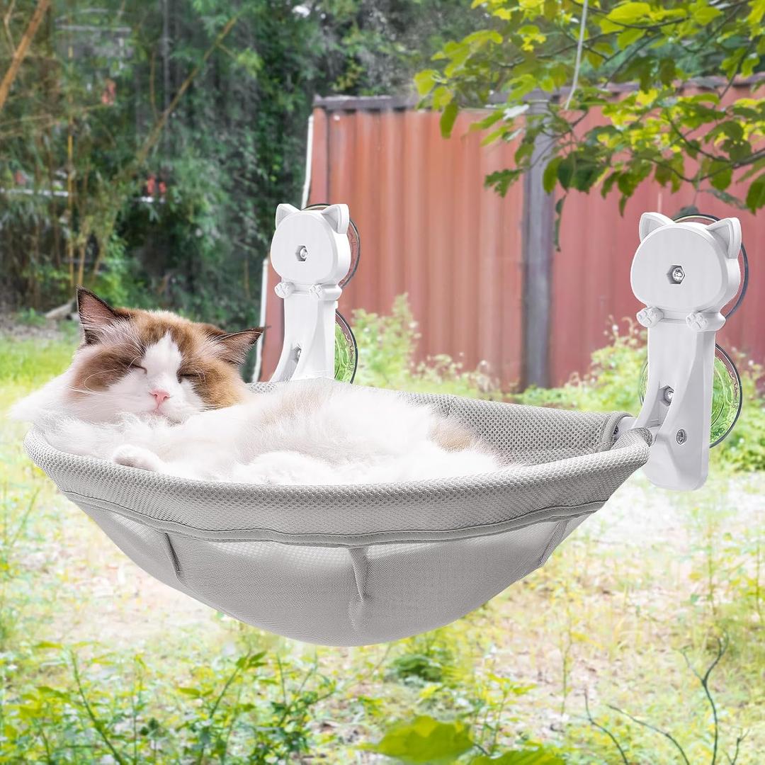 JUNSPOW Cat Window Perch Cordless, Foldable & Stable Cat Beds- Breathable Cat Window Hammock for Overlooking, Sunbathing and Climbing - Maximum Hold Up to 40lb Mesh Cover, Grey
